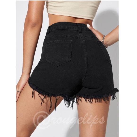 Black Denim Shorts Distressed Ripped High Waist Raw Hem - Picture 2 of 8